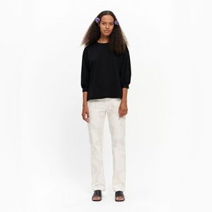 Marimekko Vitkastella Blouse Top Solid Black Scoop Neck Puff 3/4 Sleeve Size XS